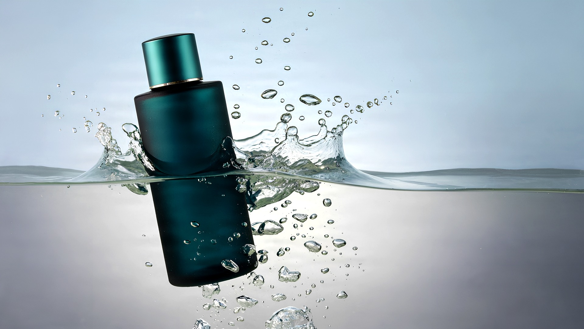 A teal perfume bottle splashing into water