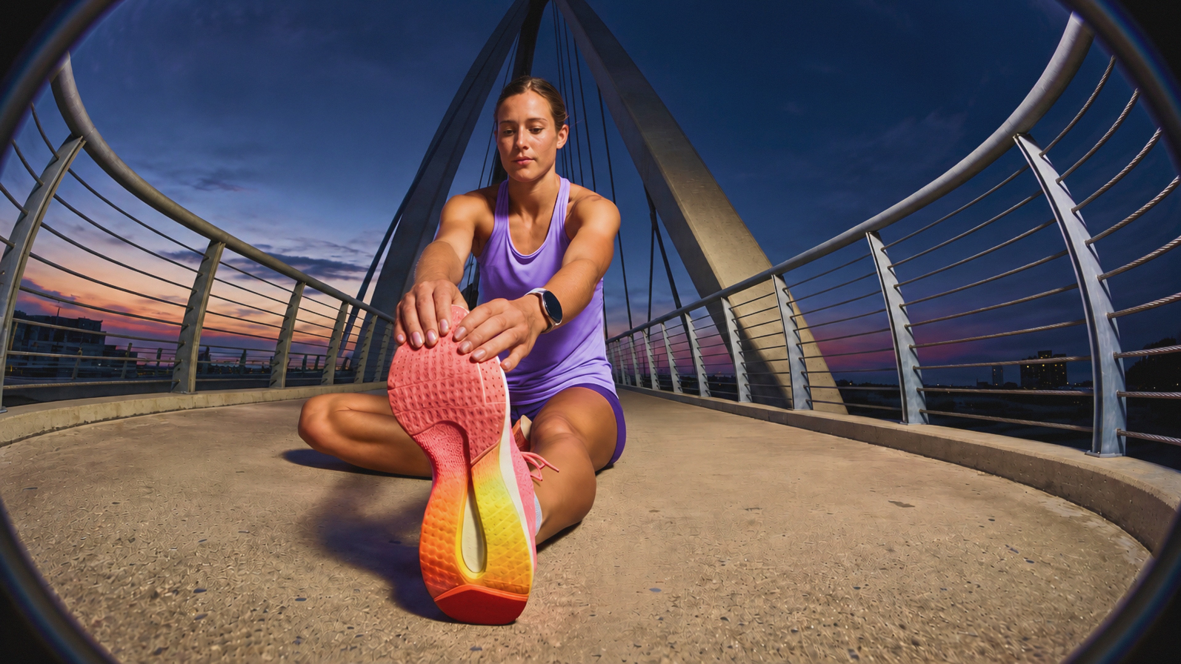 A runner stretching on a bridge at dusk