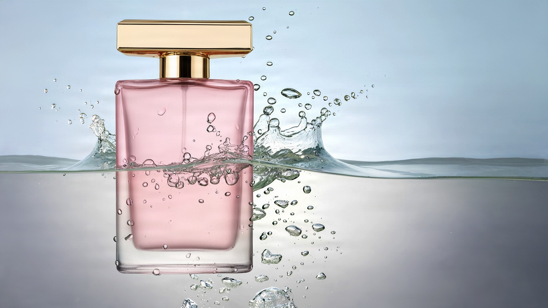 Fibo 2: a frosted pink bottle with a gold cap in the same splash